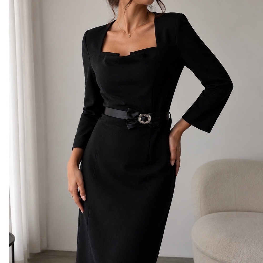 Rickie Freeman Teri Jon Black Crystal Bow Sheath Cocktail Dress Size‎ 4 L1
